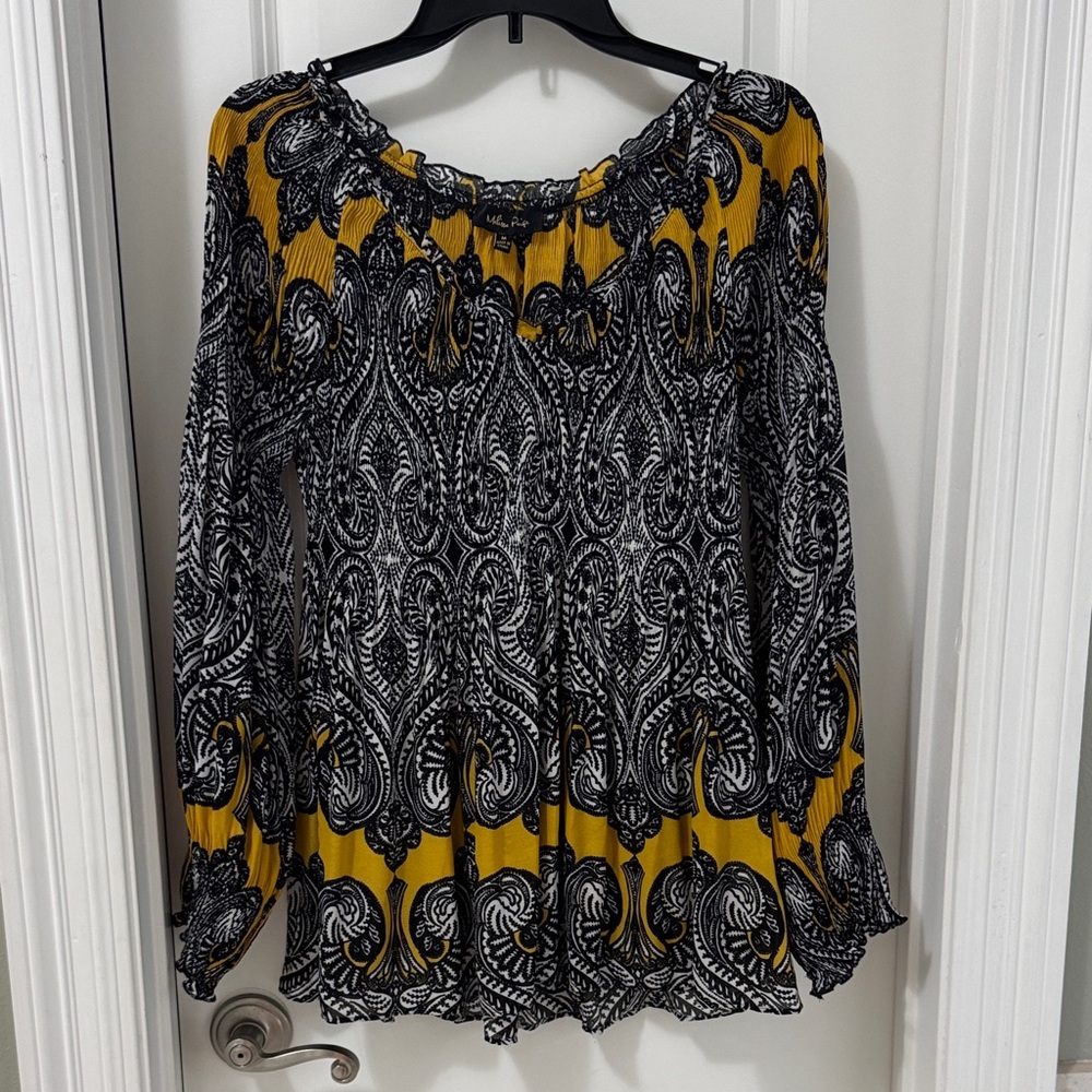 White House Black Market Black, White & Mustard Paisley Smocked-Neck Blouse